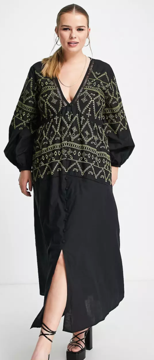 Black Embroidered ASOS Curve button through maxi dress rental – The ...