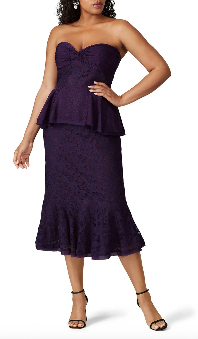 Purple lace Sheath, Strapless Dress w/ Peplum – The Golden Room